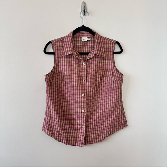 Gap-Gold & Pink Plaid 100% Silk Button Front Blouse (Size:Medium) - Picture 4 of 11